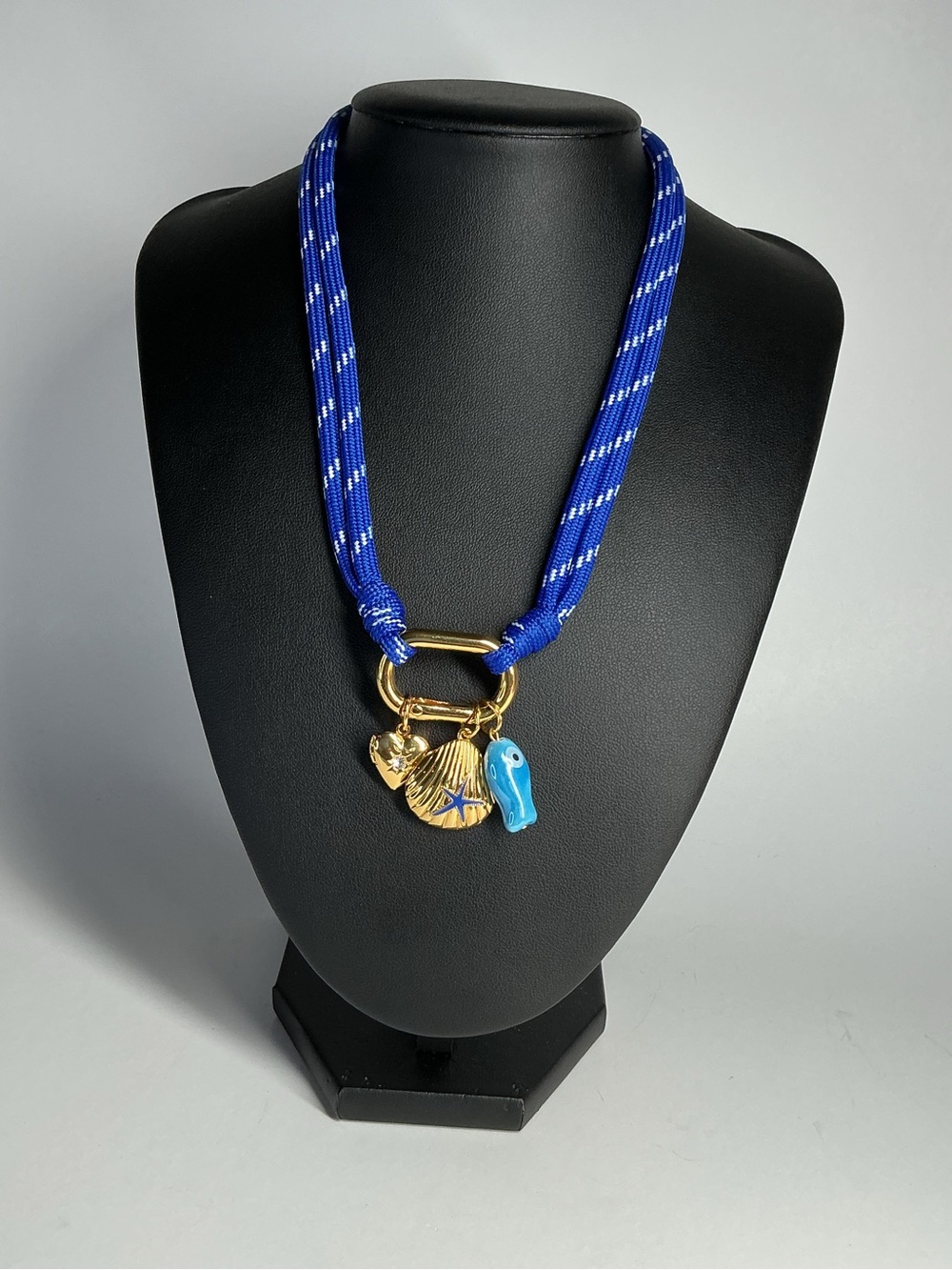 Nautical Blue Rope Necklace with Gold Shell and Aqua Charm